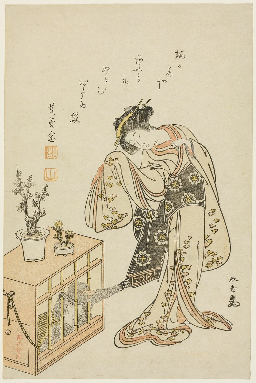 Ung kvinna med en apa i bur (kalendertryck för nyår 1776) av Katsukawa Shunsho