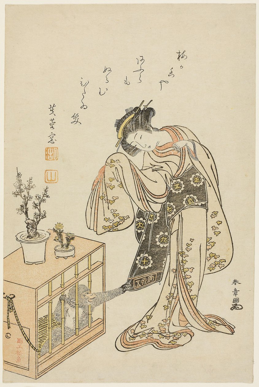 Ung kvinna med apa i bur (kalendertryck för nyåret 1776) av Katsukawa Shunsho