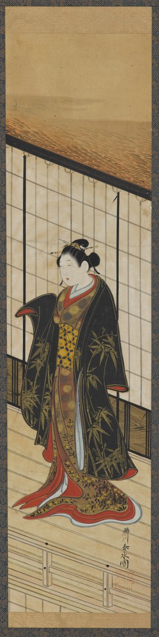 Kvinna som står på en balkong på andra våningen, Edo-period, mitten av 1700-talet. av Katsukawa Shunsui