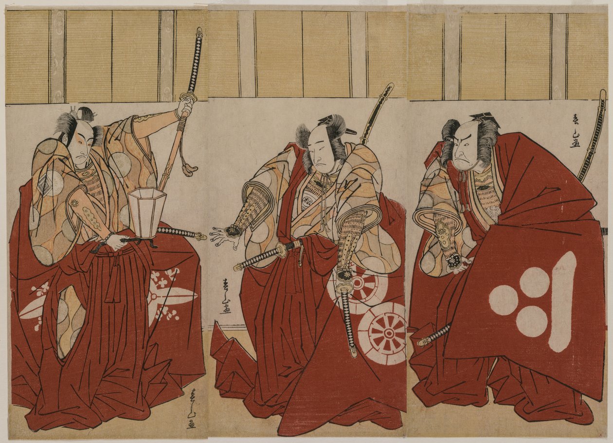 Ichikawa Monnosuke II som Urabe Suetake, Onoe Matsusuke I som Usui Sadamitsu och Nakamura Nakazo I som Watanabe no Tsuna i The Four Heavenly Kings Costumed as the Night Watch av Katsukawa Shunzan