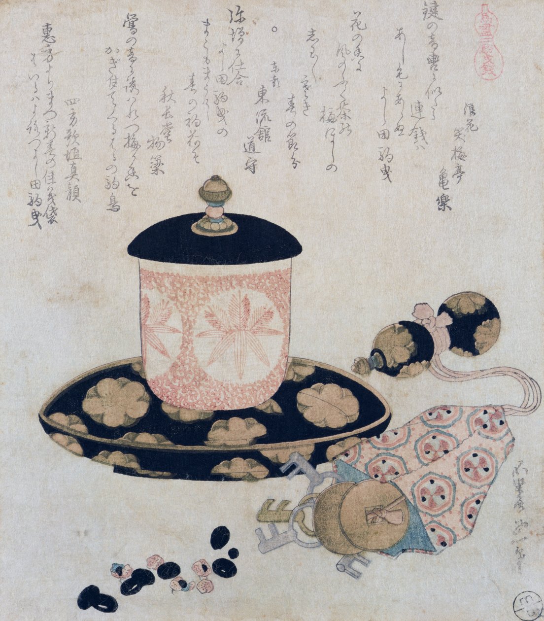 En kanna med te och nycklar, 1822 (trätryck i färg) av Katsushika Hokusai