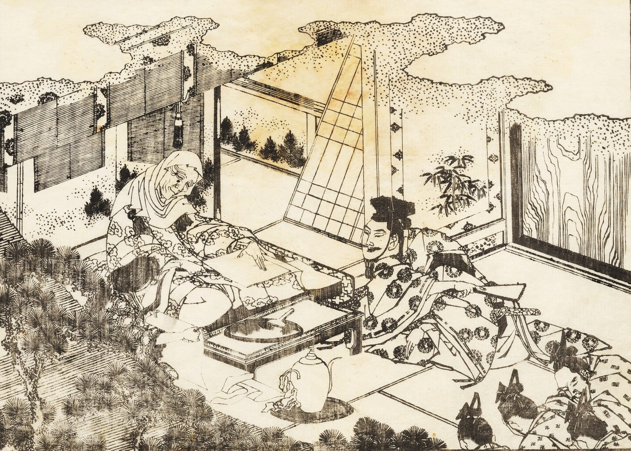 An old woman, perhaps buddhism nun, sits and a young woman reads something to her av Katsushika Hokusai