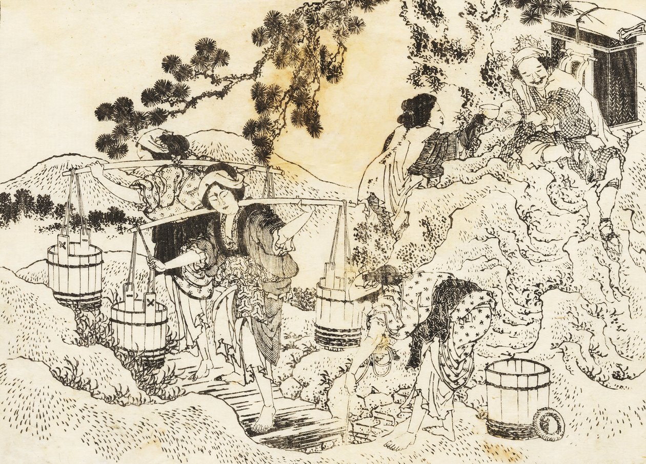 Four women working very hard and carrying vats of water av Katsushika Hokusai