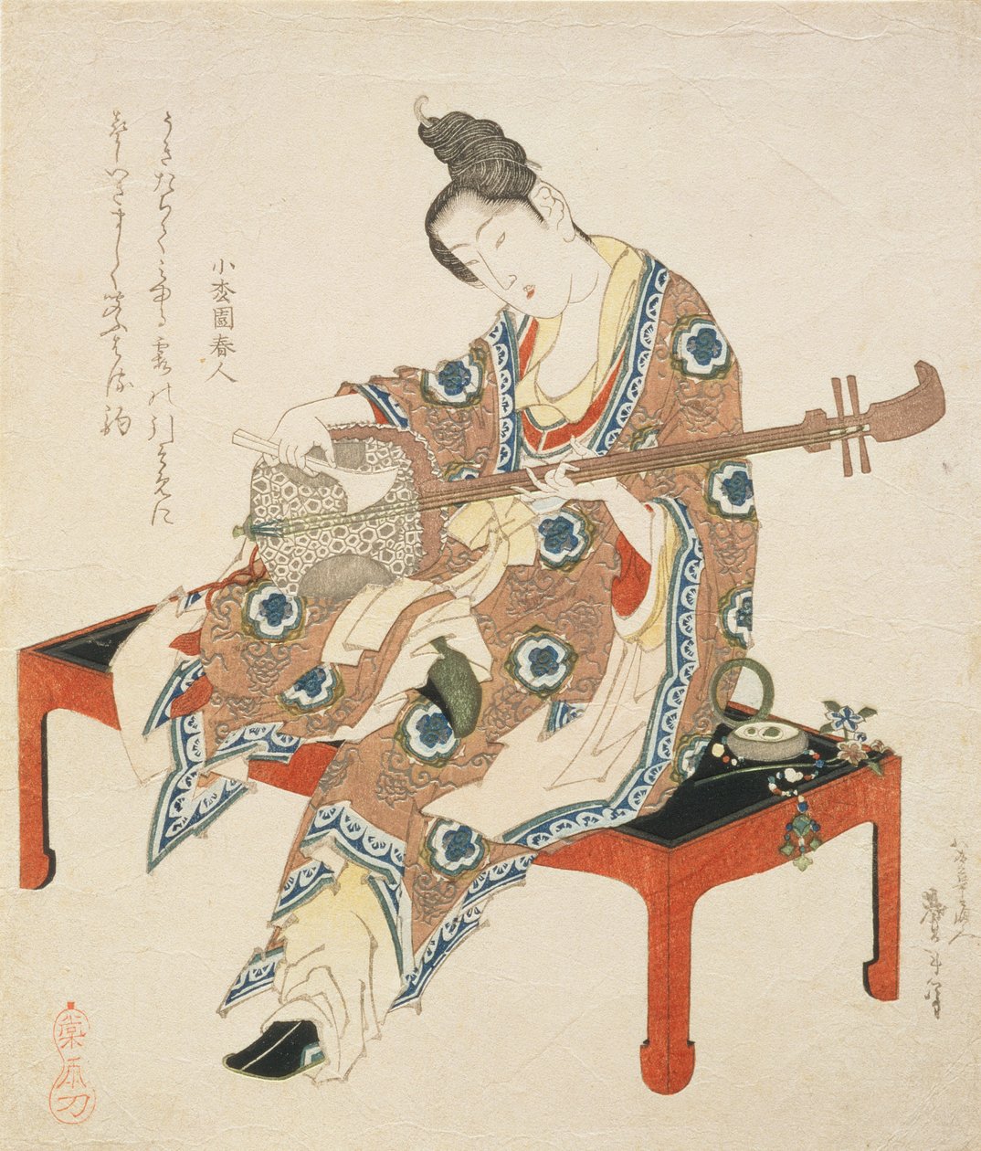 Kinesisk skönhet som spelar shamisen, ca 1833-34 (träsnitt) av Katsushika II Taito