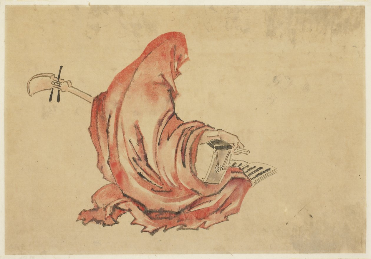 Daruma Playing a Shamisen, ca 1815-1849 (bläck och färg på papper) av Katsushika (school of) Hokusai