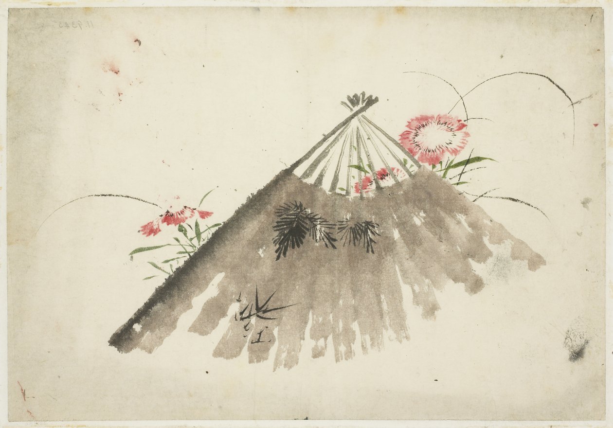 Kasserad fläkt bland rosa av Katsushika (school of) Hokusai