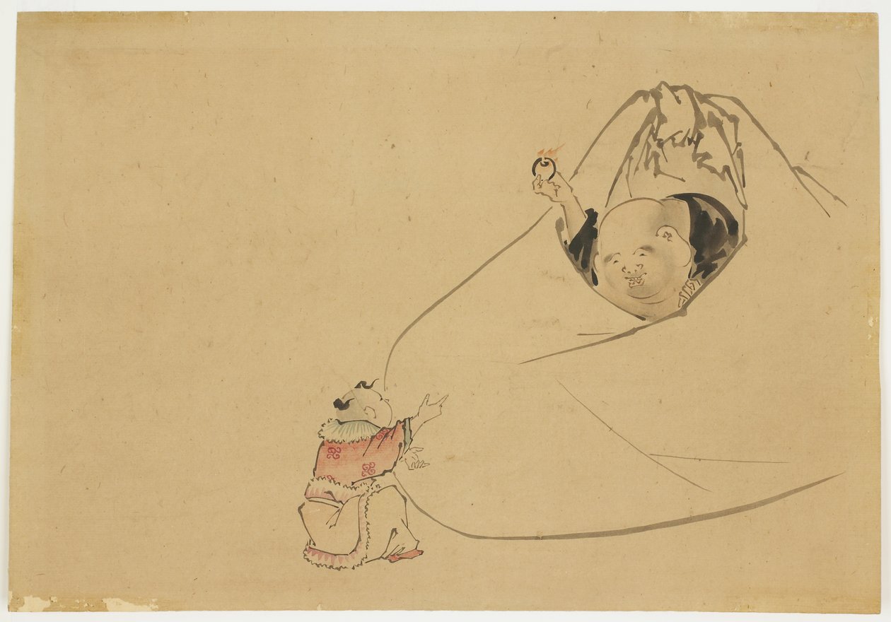 Hotei erbjuder en flammande juvel till en liten pojke, c.1850 (bläck och färg på papper) av Katsushika (school of) Hokusai