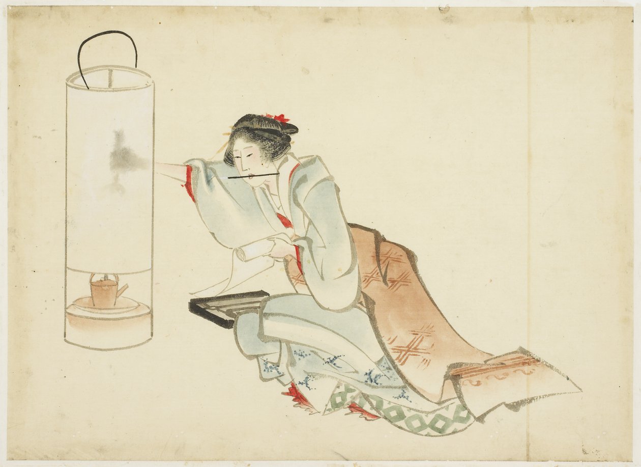 Lady Adjusting a Lamp, ca 1815-1849 (bläck och färg på papper) av Katsushika (school of) Hokusai