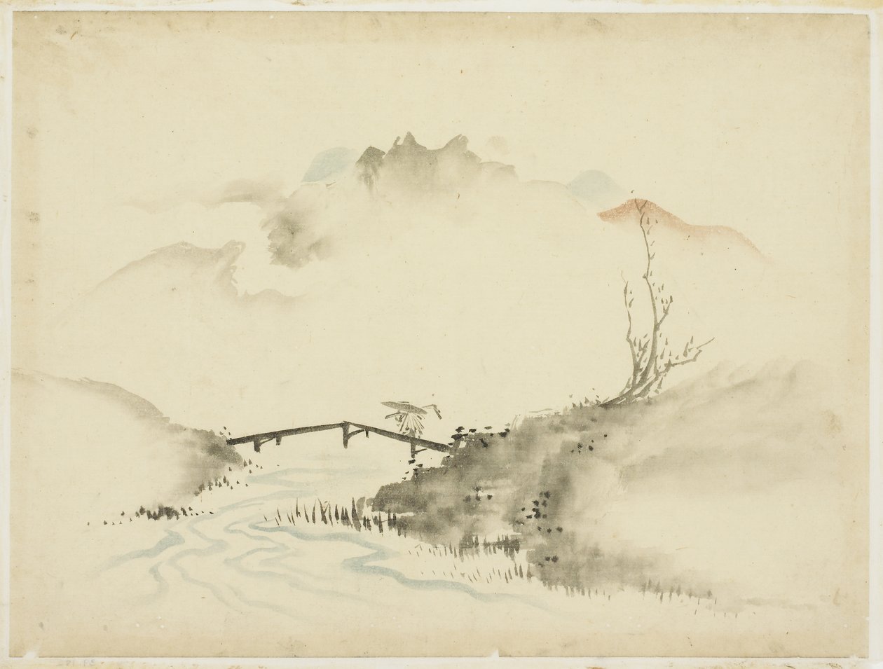 Landskap med Farmer Crossing Bridge, 1615-1868 (bläck och färg på papper) av Katsushika (school of) Hokusai