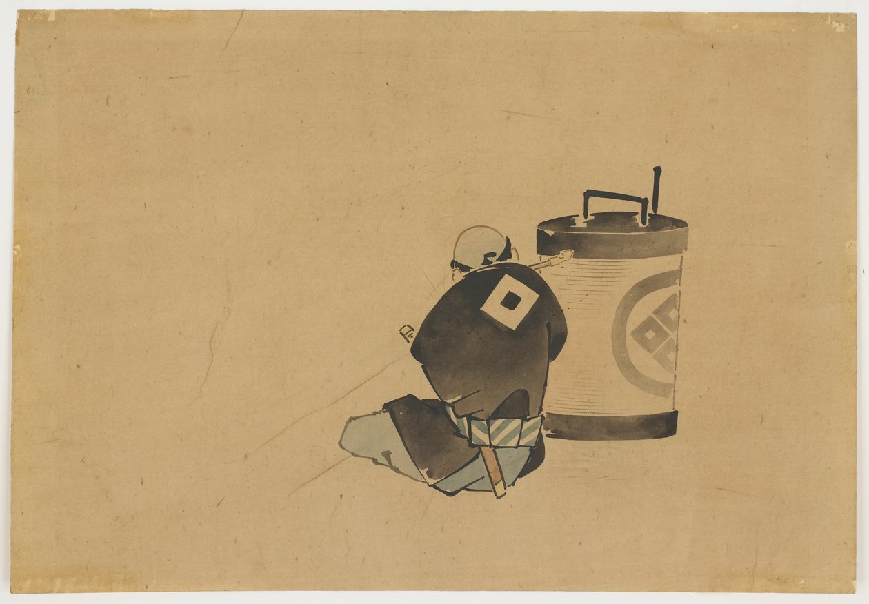 Sittande skötare röker vid en lampa, ca. 1850 (bläck och färg på papper) av Katsushika (school of) Hokusai