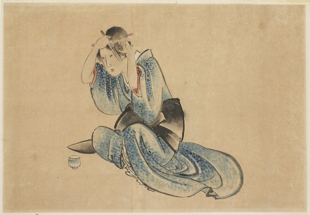 Sittande dam vid hennes toalett av Katsushika (school of) Hokusai