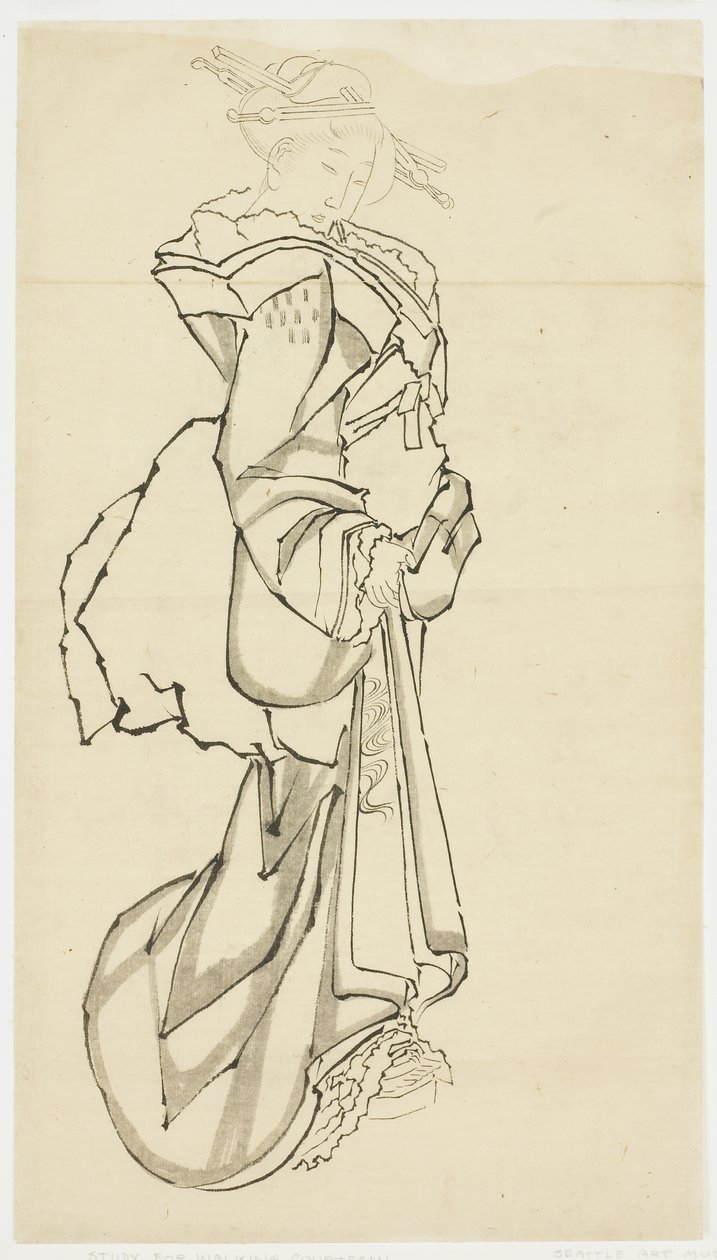 Walking Courtesan (studie), ca 1815-1849 (bläck på papper av Katsushika (school of) Hokusai