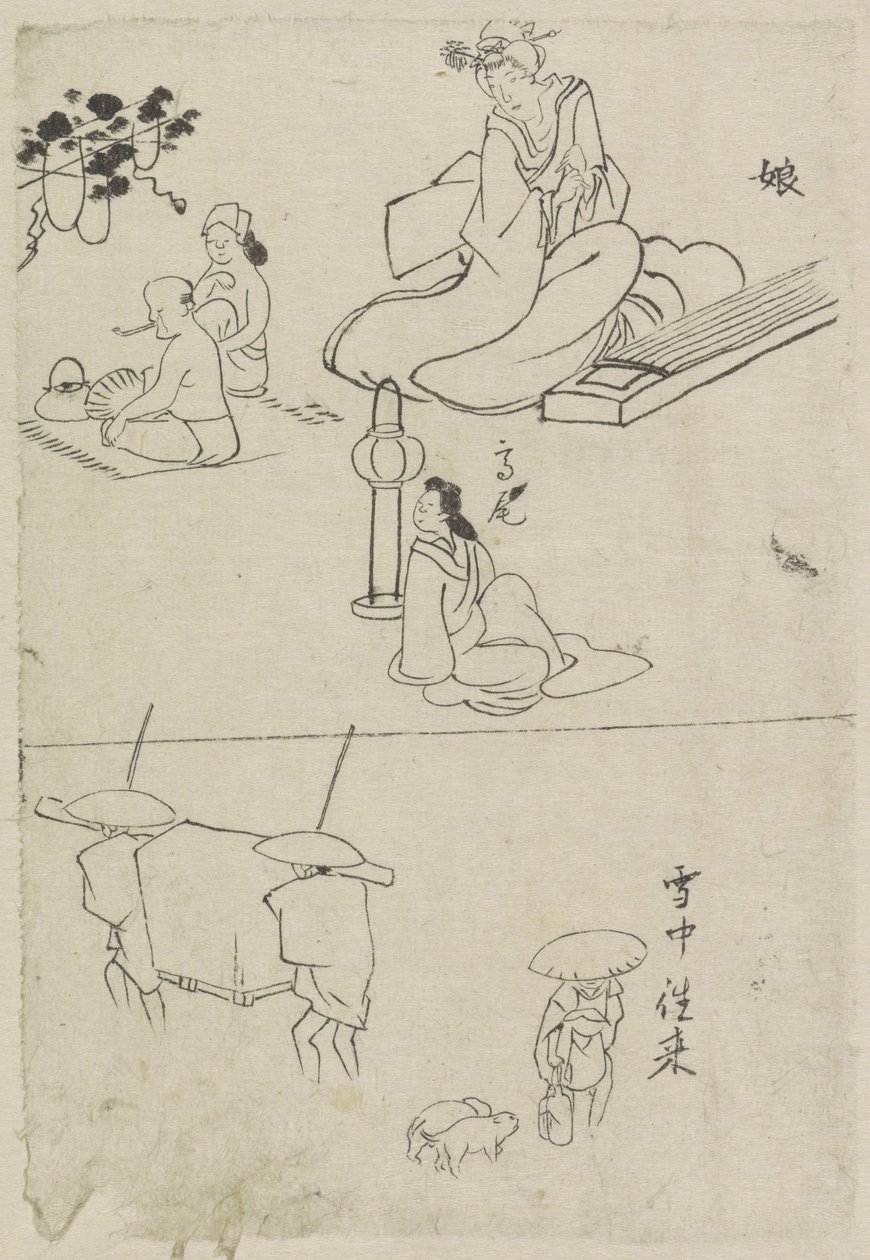 Olika föreställningar, bland annat en dam med koto, en sittande dam och två män av After Katsushika Hokusai
