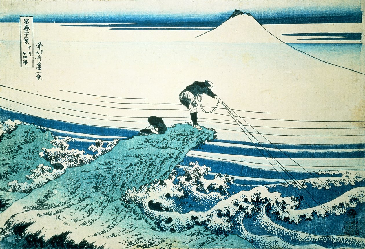 "En fiskare som står på en stenig udde vid Kajikazawa i Kai-provinsen", från serien "36 vyer av Mt.Fuji", pub. c.1830-31, av Katsushika Hokusai