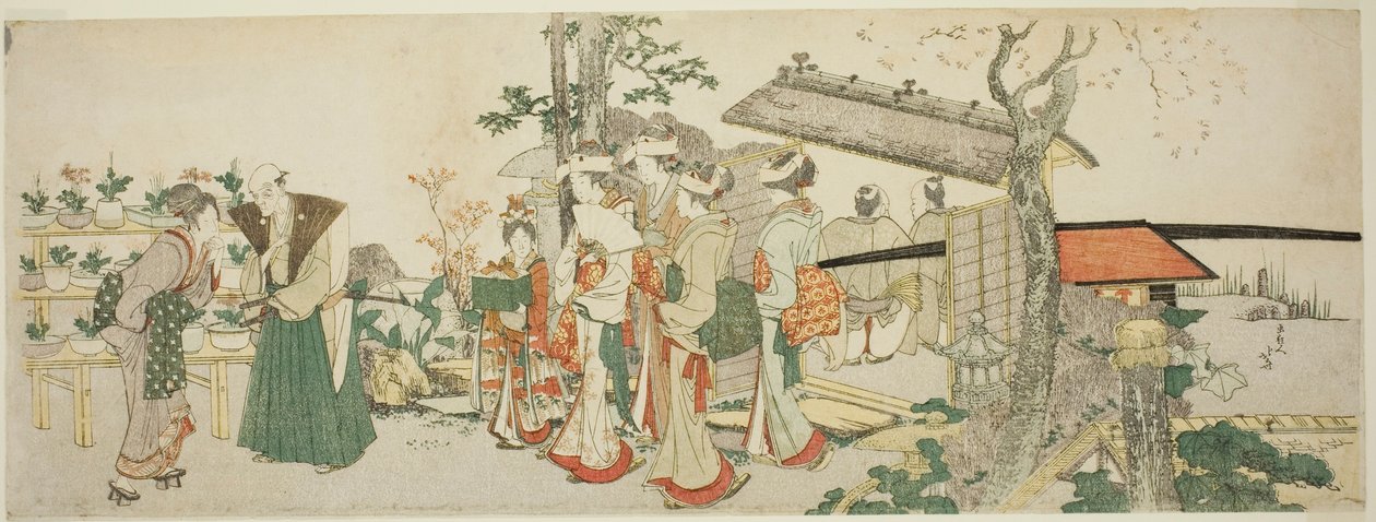 En grupp unga kvinnor som går in i trädgården hos en trädgårdsmästare av Katsushika Hokusai
