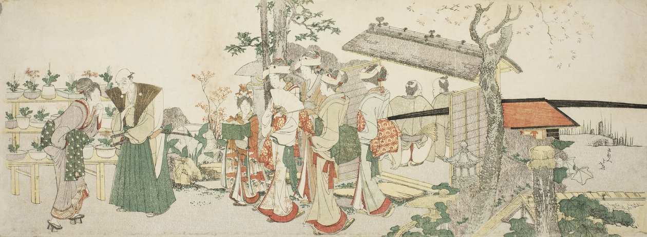 En grupp unga kvinnor som går in i trädgården hos en trädgårdsmästare av Katsushika Hokusai