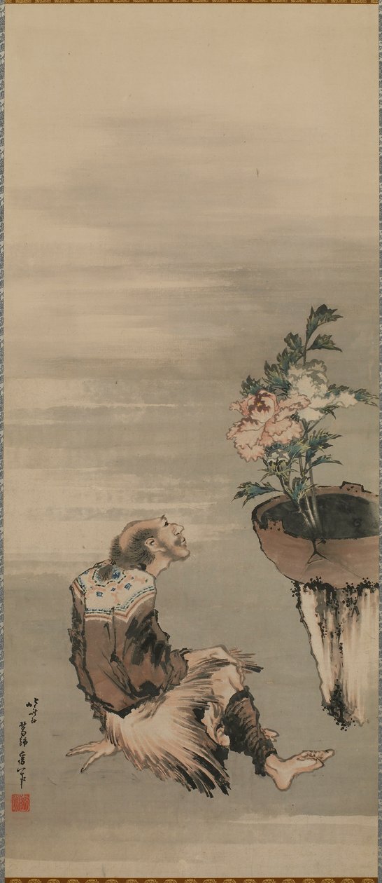 En sittande man som tittar på pioner i krukväxter, sent 1700-tidigt 1800-tal. av Katsushika Hokusai