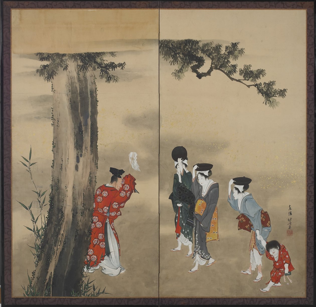 En shintopräst, tre kvinnor och ett barn av Katsushika Hokusai