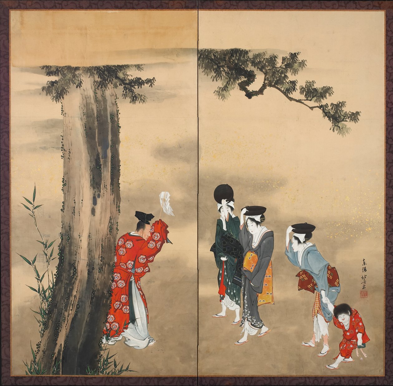 En shintopräst, tre kvinnor och ett barn, Edo-perioden, ca 1799 (bläck, guld och färg på papper) av Katsushika Hokusai