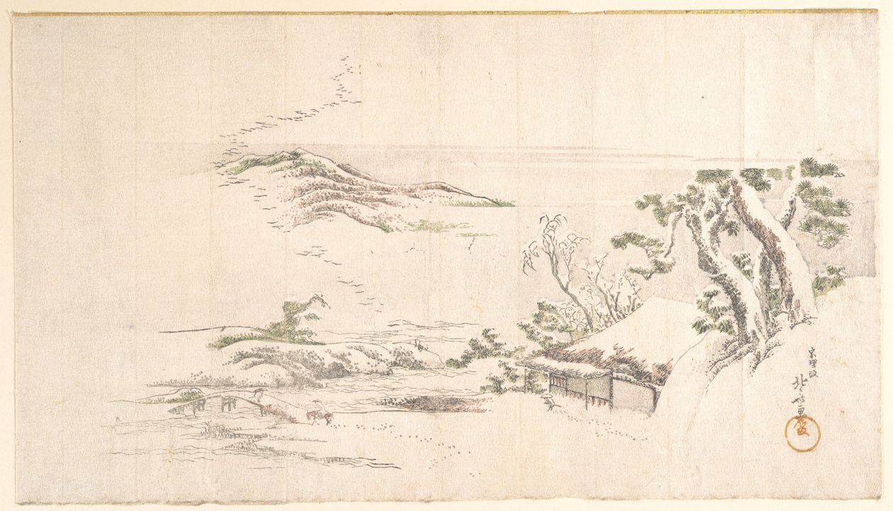 Ett snötäckt landskap med grå moln av Katsushika Hokusai