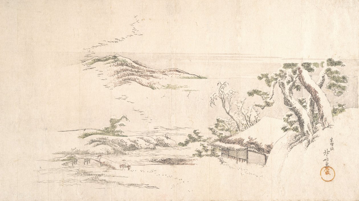 Ett snöklädd landskap med grå moln, ca. 1800. av Katsushika Hokusai