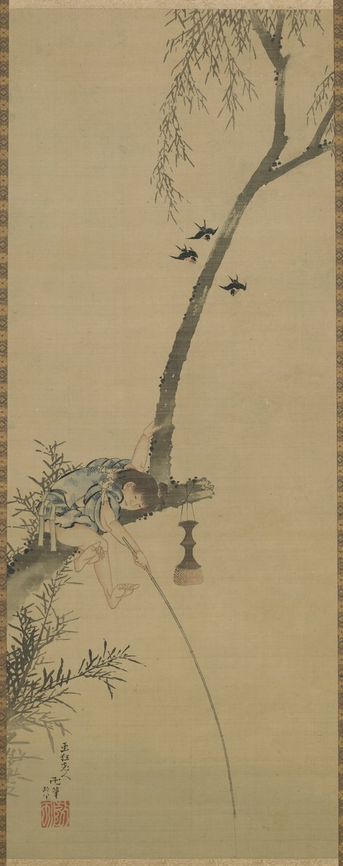 En pojke som fiskar från grenen av ett träd, Edo-period (bläck och nyans på sidenpanel) av Katsushika Hokusai