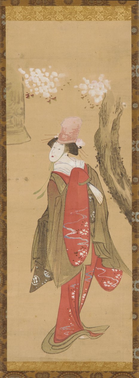 En dansare, Kiyohime, ett körsbärsträd och klockan från Dojo-ji, sent 1700-tidigt 1800-tal. av Katsushika Hokusai