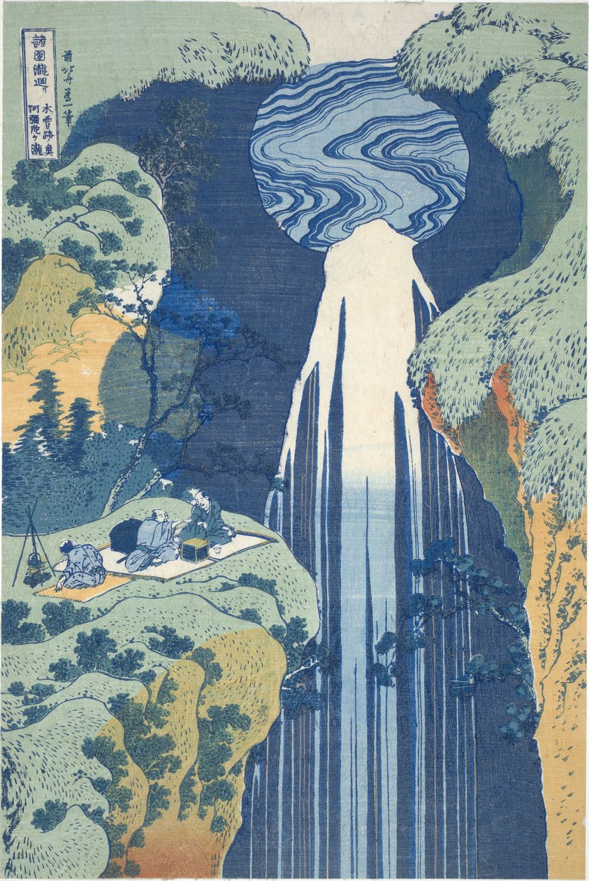 Amida Waterfall Deep in the Distance på Kiso Road, från serien Tour of Waterfalls in Various Provinces av Katsushika Hokusai