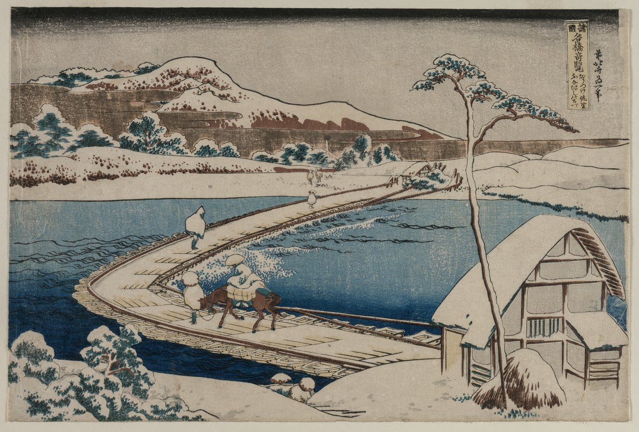 En gammal bild av båtbron vid Sano i Kozuke-provinsen från serien Curious Views of Famous Bridges in the Provinces av Katsushika Hokusai