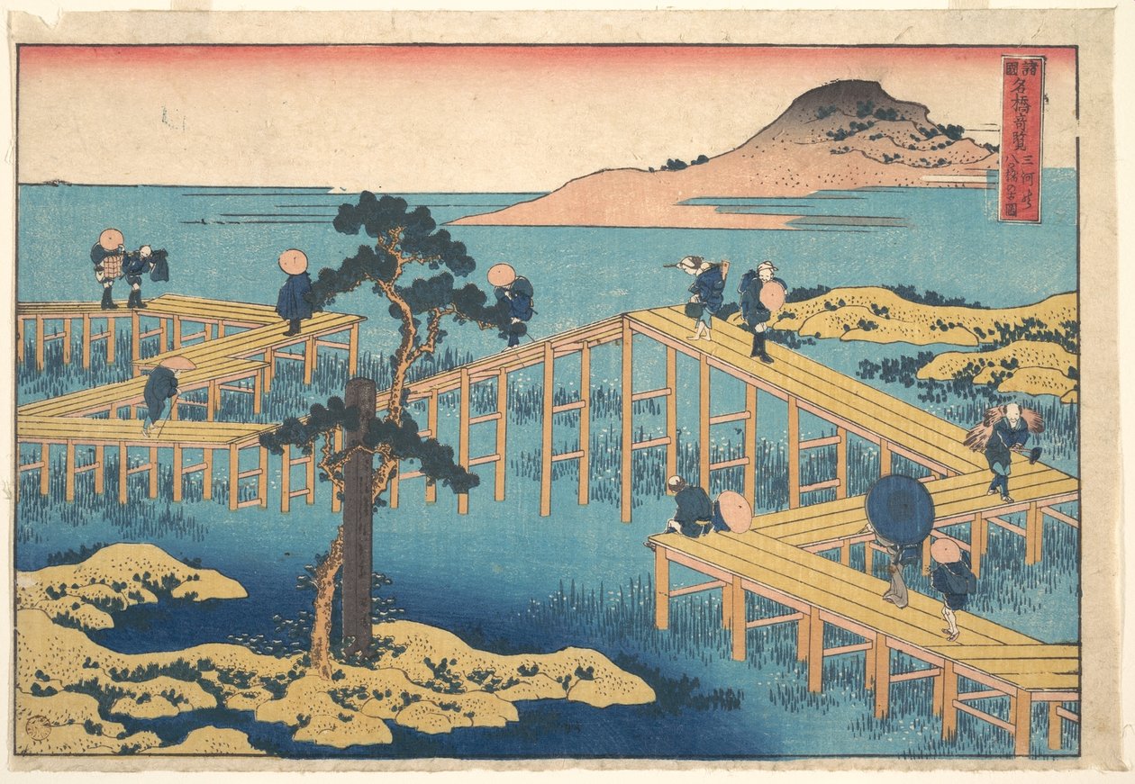 En gammal vy över Yatsuhashi i Mikawa-provinsen (Mikawa no Yatsuhashi no kozu), ur serien ”Anmärkningsvärda vyer över broar i olika provinser” (Shokoku meikyō kiran) av Katsushika Hokusai