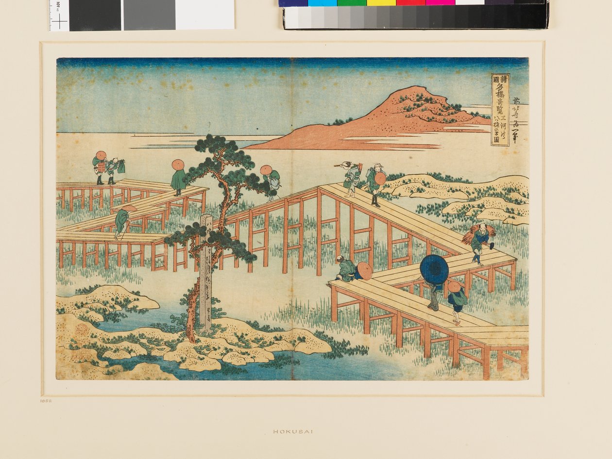 Forntida vy av den åttadelade bron vid Mikawa av Katsushika Hokusai