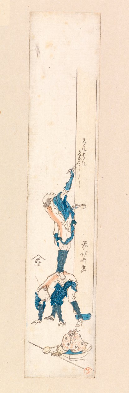 Konstnär som står på ryggen av en man och skriver på en kolumn, ca 1820 (träsnitt i färg) av Katsushika Hokusai