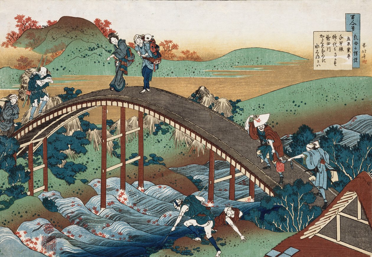 Höstlöv på floden Tsutaya, från serien "Hundra dikter som berättas av sjuksköterskan", ca 1839 av Katsushika Hokusai