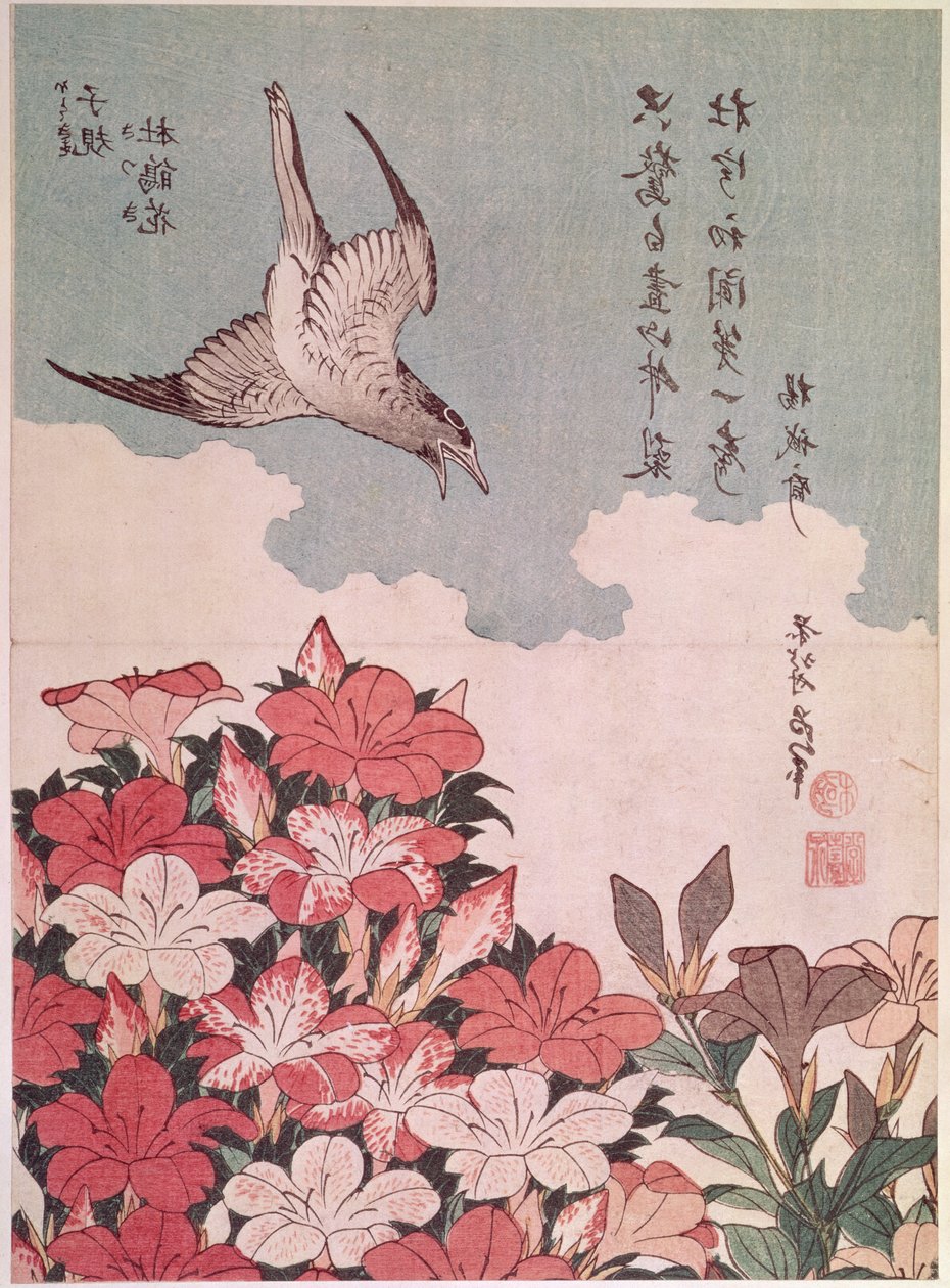 Azaleor och gök, utgiven av Eijudo, ca 1830 (träblock i färg) av Katsushika Hokusai