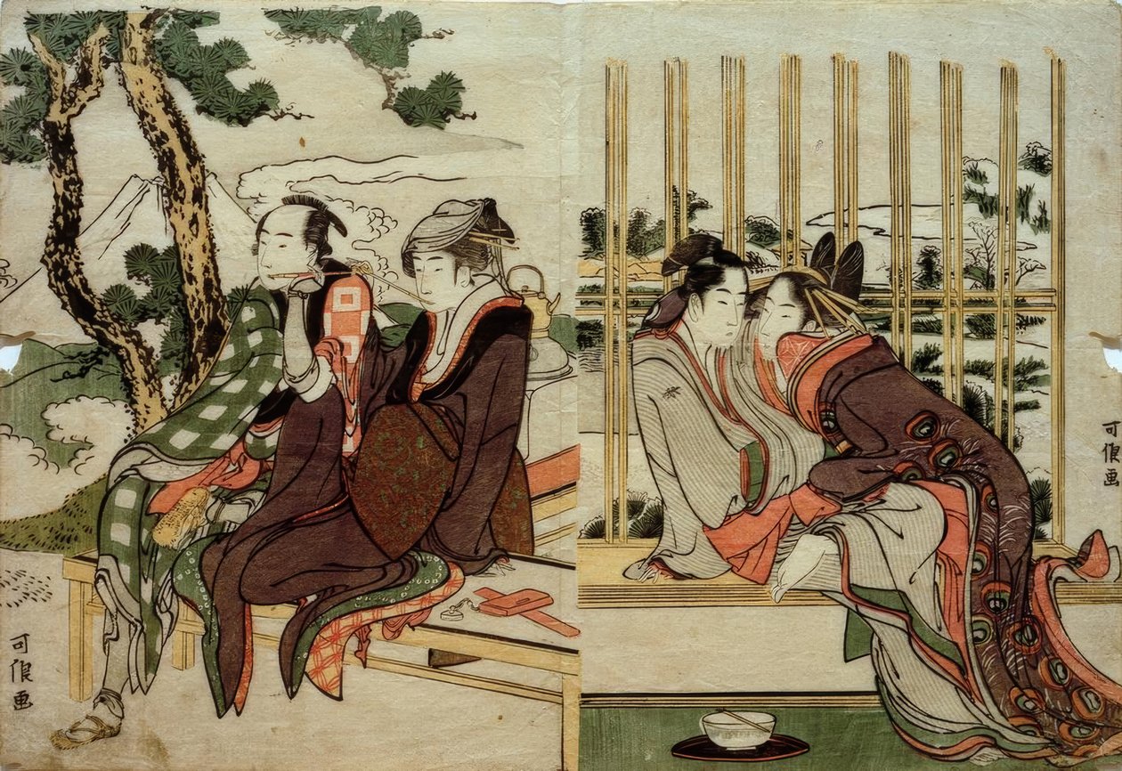 Azuma och Yogoro i den gamla snön. Koman och Yosaku i solnedgången av Katsushika Hokusai