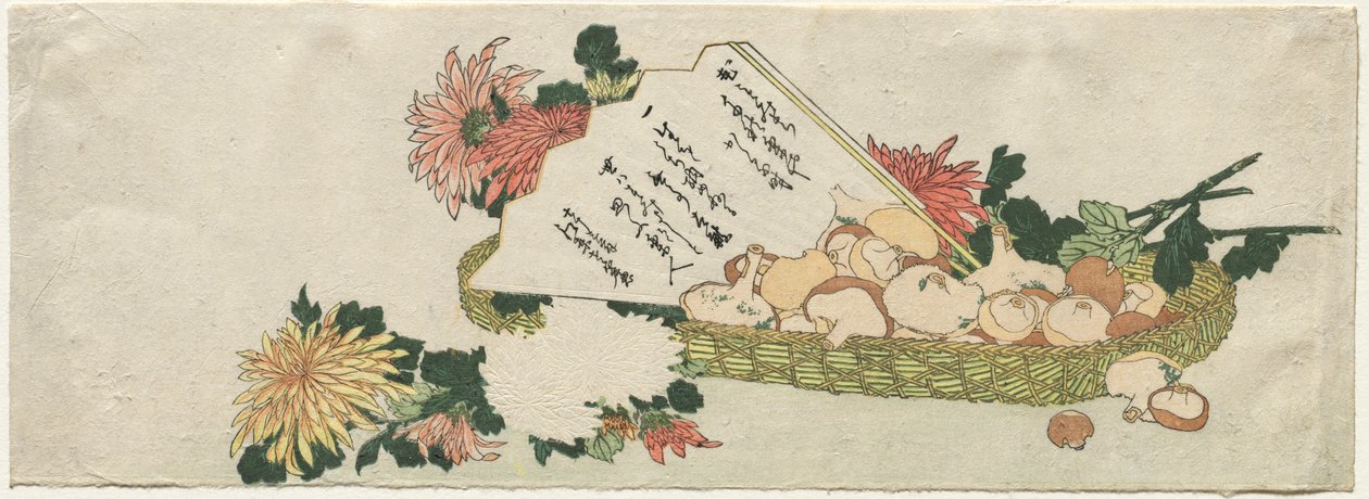 Korg med solfjäder, krysantemum och svamp av Katsushika Hokusai