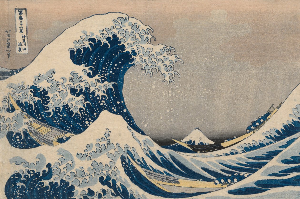 Beneath the Waves utanför Kanagawa, även känd som The Great Wave, från serien Thirty-Six Views of Mount Fuji av Katsushika Hokusai