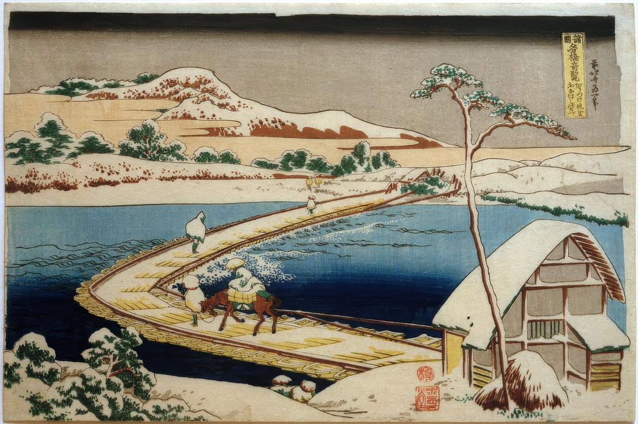 Utsikt över den tidigare båtbron nära Sano i provinsen Kôzuke av Katsushika Hokusai