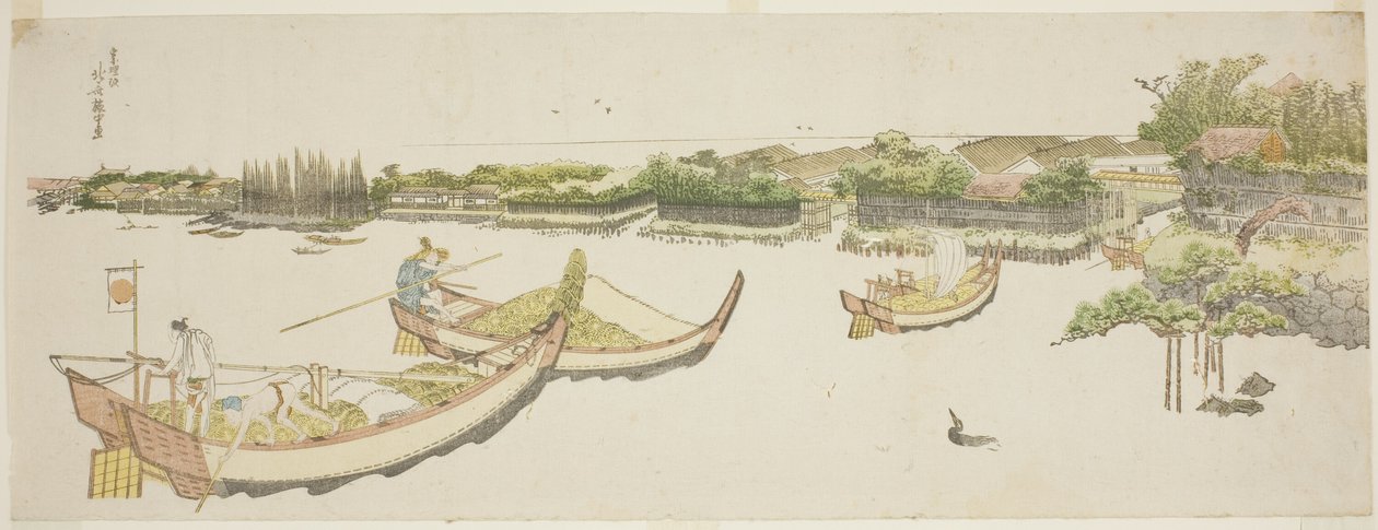 Båtar som transporterar ris på Sumidafloden av Katsushika Hokusai