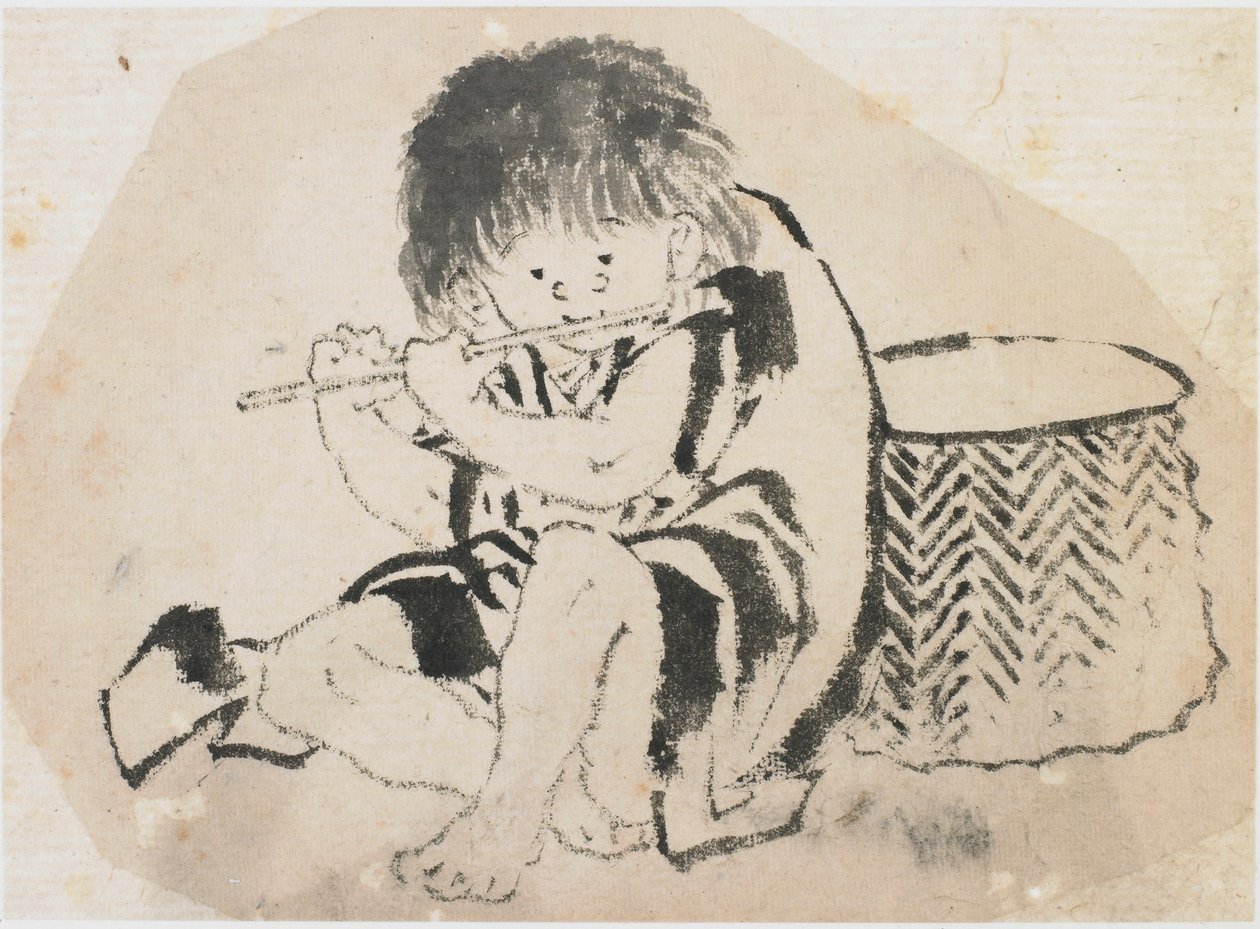 Pojke som spelar flöjt, Edo-period, ca. 1840. av Katsushika Hokusai