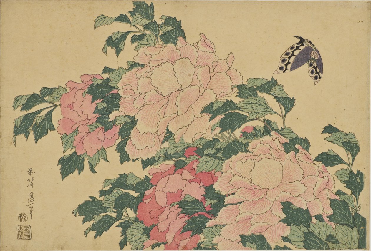 Fjärilar och pioner av Katsushika Hokusai
