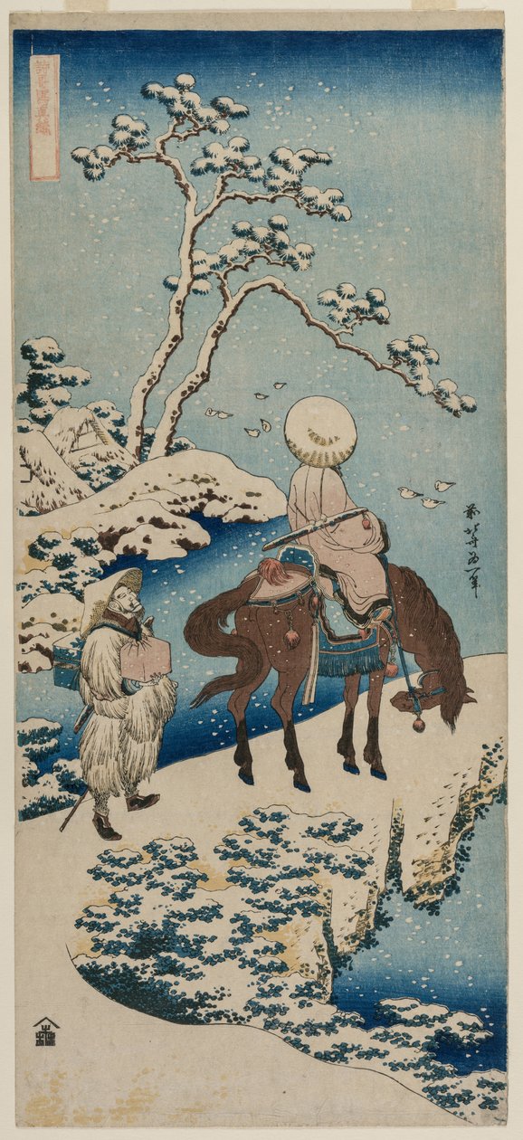 Kinesisk officiell pausar på en bro för att se snön (från serien A True Mirror of Chinese and Japanese Verse) av Katsushika Hokusai