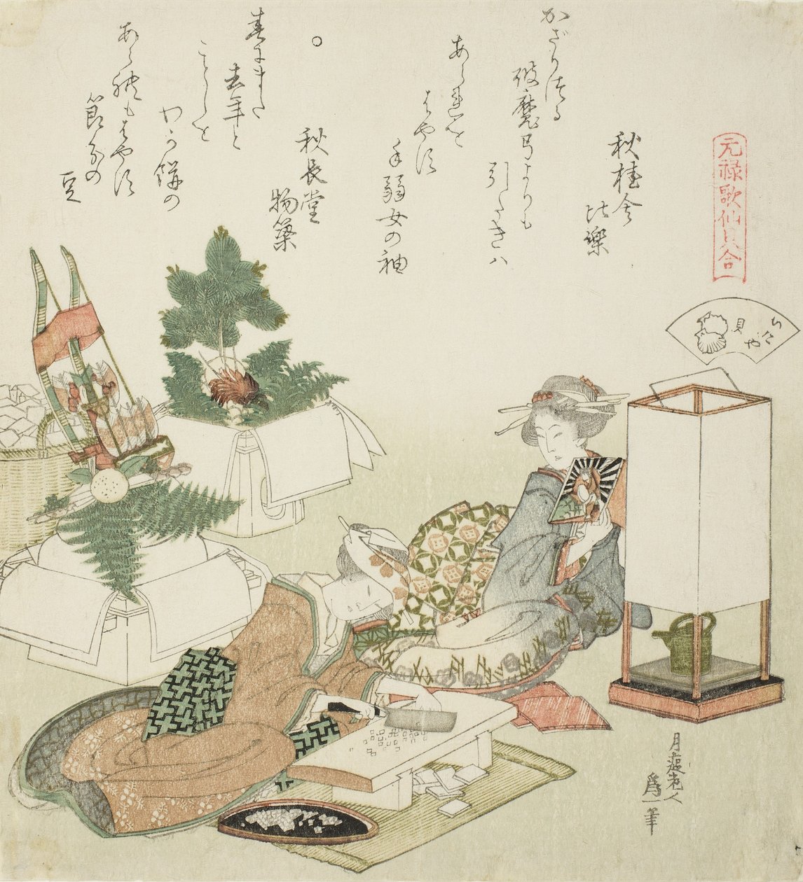 Hacka riskakor, illustration för The Board-Roof Shell av Katsushika Hokusai