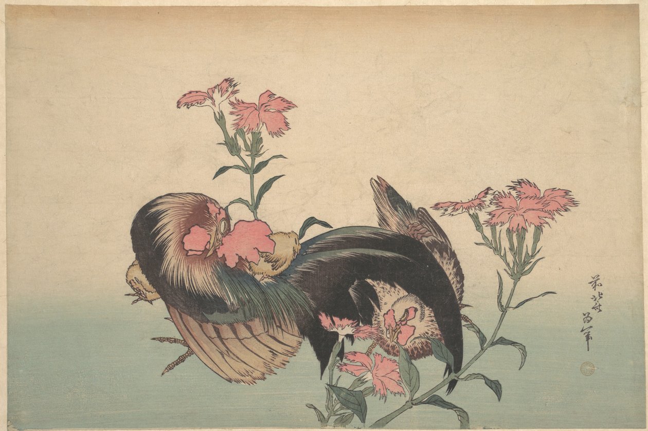 Tupp, höna och nadeshiko (Dianthus superbus) av Katsushika Hokusai
