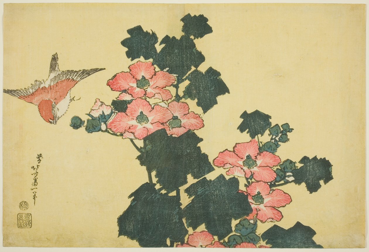 Bomullsrosor och sparv, från en namnlös serie stora blommor av Katsushika Hokusai