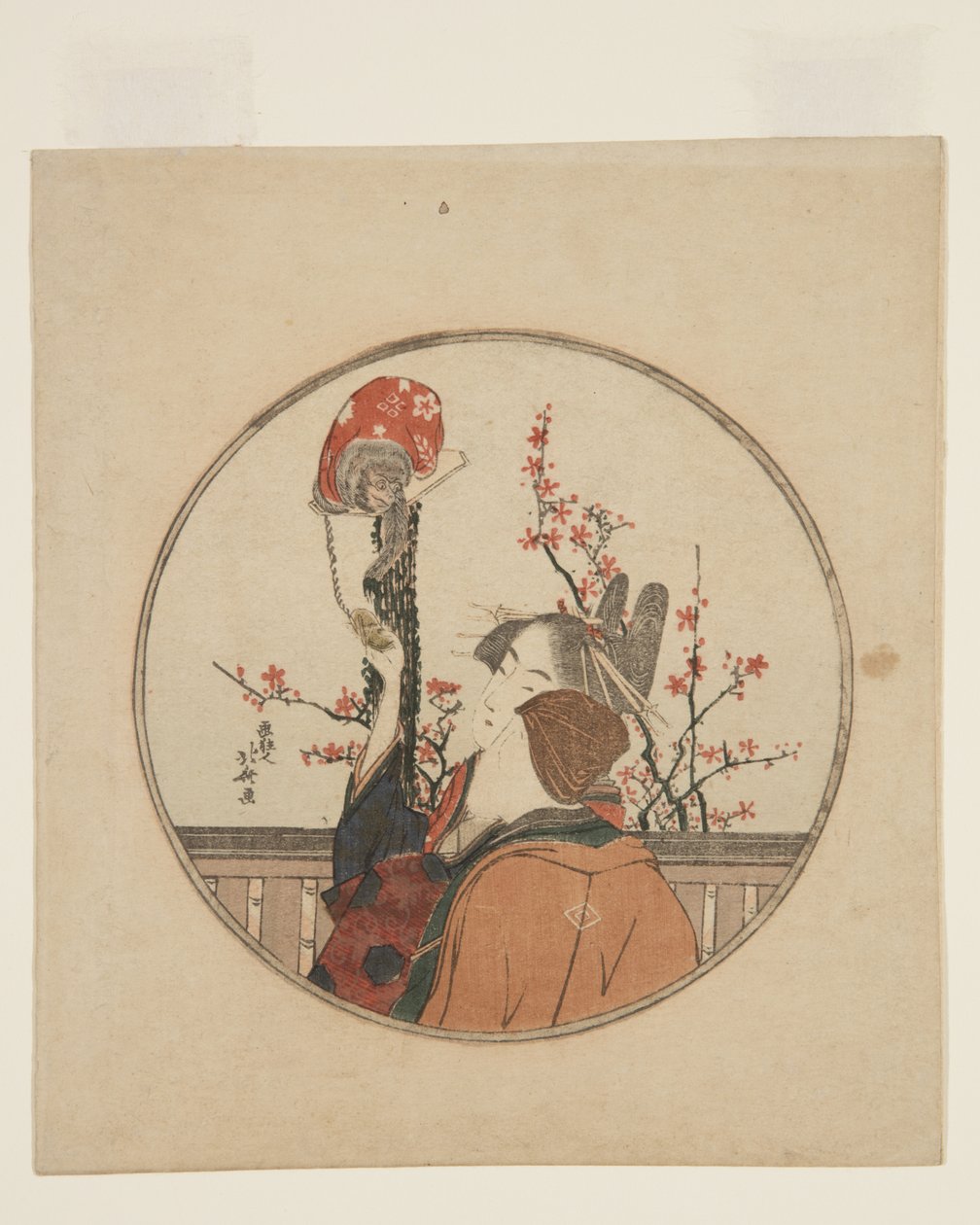 Courtesan, Guest och Pet Monkey (träblockstryck i färg) av Katsushika Hokusai