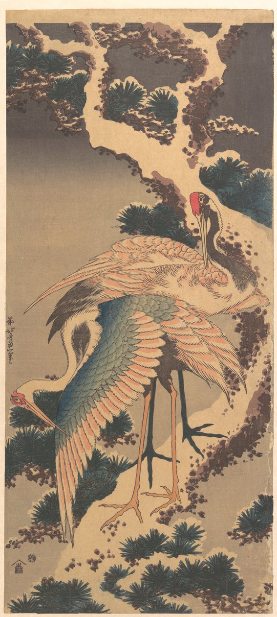 Kranar på en snötäckt tallgren av Katsushika Hokusai