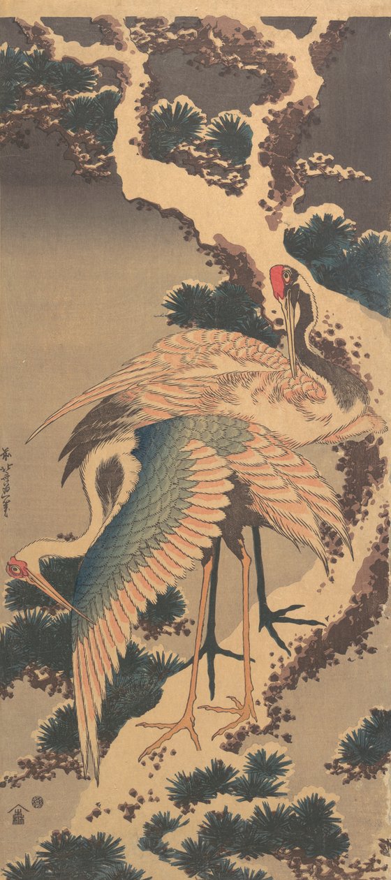 Tranor på gren av snötäckt tall, sent 1820-tal. av Katsushika Hokusai