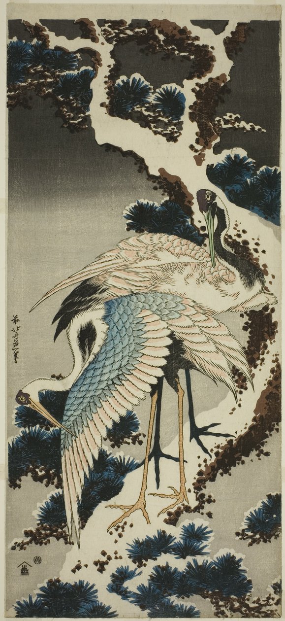 Tranor på snötäckt tall av Katsushika Hokusai
