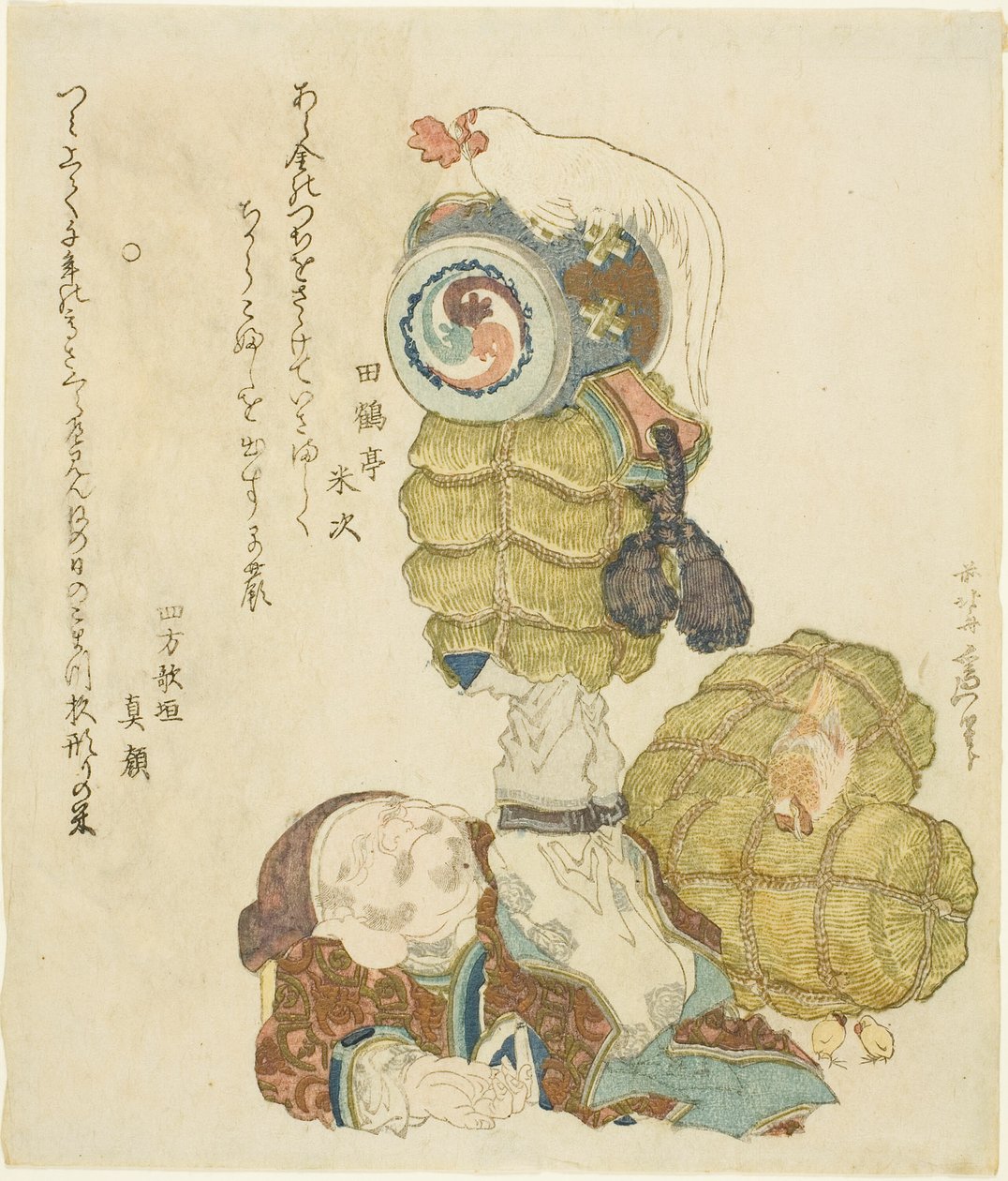 Daikoku balanserar risbalar, klubba och tupp på fötterna av Katsushika Hokusai